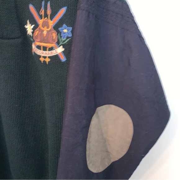 Faconnable Green Blue 100% Wool Sweater Leather Patches Embroidered Crest L - Picture 5 of 9